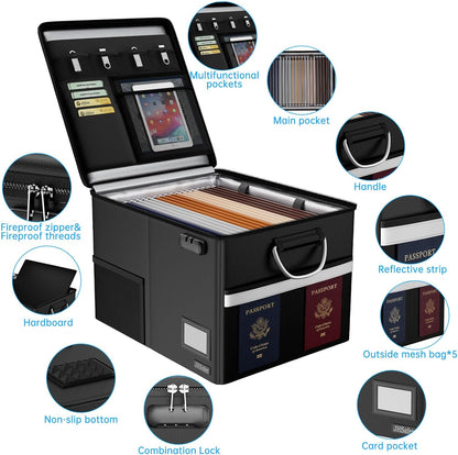 5200℉ Fireproof Document Box with Lock, Waterproof File Organizer with Handle, Portable Collapsible Filing Cabinet with Reflective Strip for Hanging Letter/Legal Folder, Black