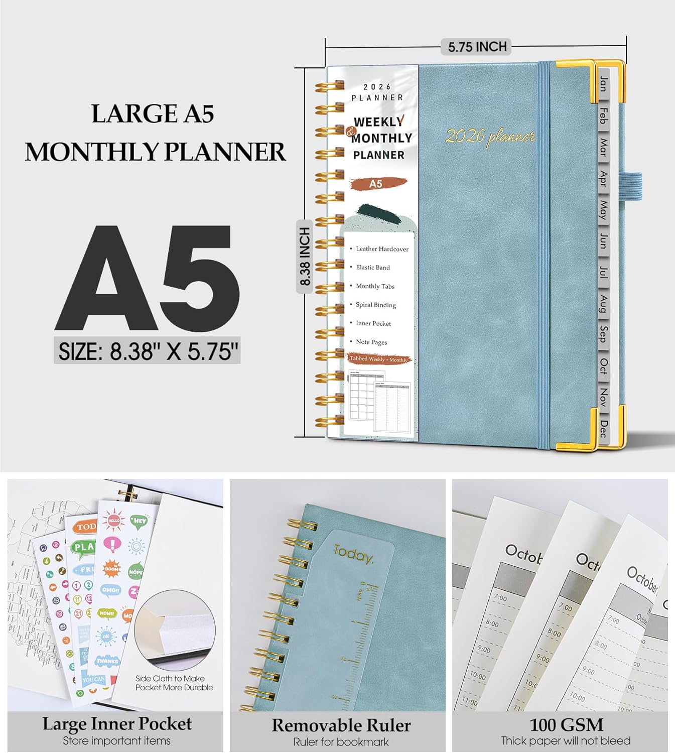 2026 Planner, Weekly and Monthly Calendar Planner from January 2026 - December 2026, 8.5" x 11" Hardcover Leather Hourly Appointment Book with Tabs, Spiral Daily Planners for School Work Home, Green