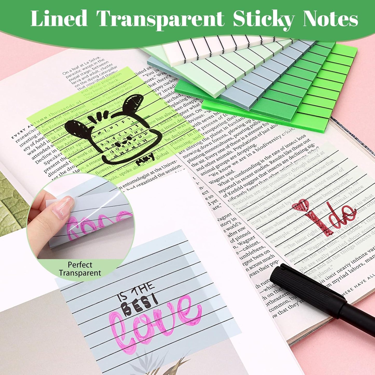 3x3 Inch Transparent Sticky Notes 300 Sheets, Clear Translucent Lined Self-Adhesive Memo Repositionable Reminder Pad for Office, College Students, Planners, Journals, School Supplies (Purple)