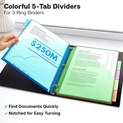 Dunwell 5-Tab Dividers with Pocket for 3-Ring Binders (3 Sets, 15 Count), Plastic One Pocket Dividers with Tabs, Slash File Jackets 3 Hole Punched for 8.5x11 Paper, Poly Pocket Notebook Dividers