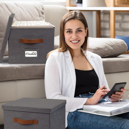 ZICOTO Decorative File Organizer Box Set of 2 - Collapsible Linen Filing Cabinets with Handles Are Perfect to Store All Your Documents & Hanging File Folders - Portable Easy Slide Crates with Lid