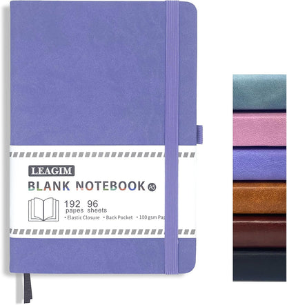 Blank Journal Notebook, A5, 192 Pages 100 GSM Thick Sketch Book for Women Men, Hardcover Leather Unlined Journaling for Work, Notebooks for Writing, 5.8 inches x 8.5 inches (Black)