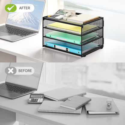 Lavatino 3-Tier Letter Tray Desk Organizer, Mesh Metal Paper File Tray Organizer for Desk, Office Supplies & Home Organization, Fits A4 Paper, Mail, Magazines & Office Accessories (Black with Handle)