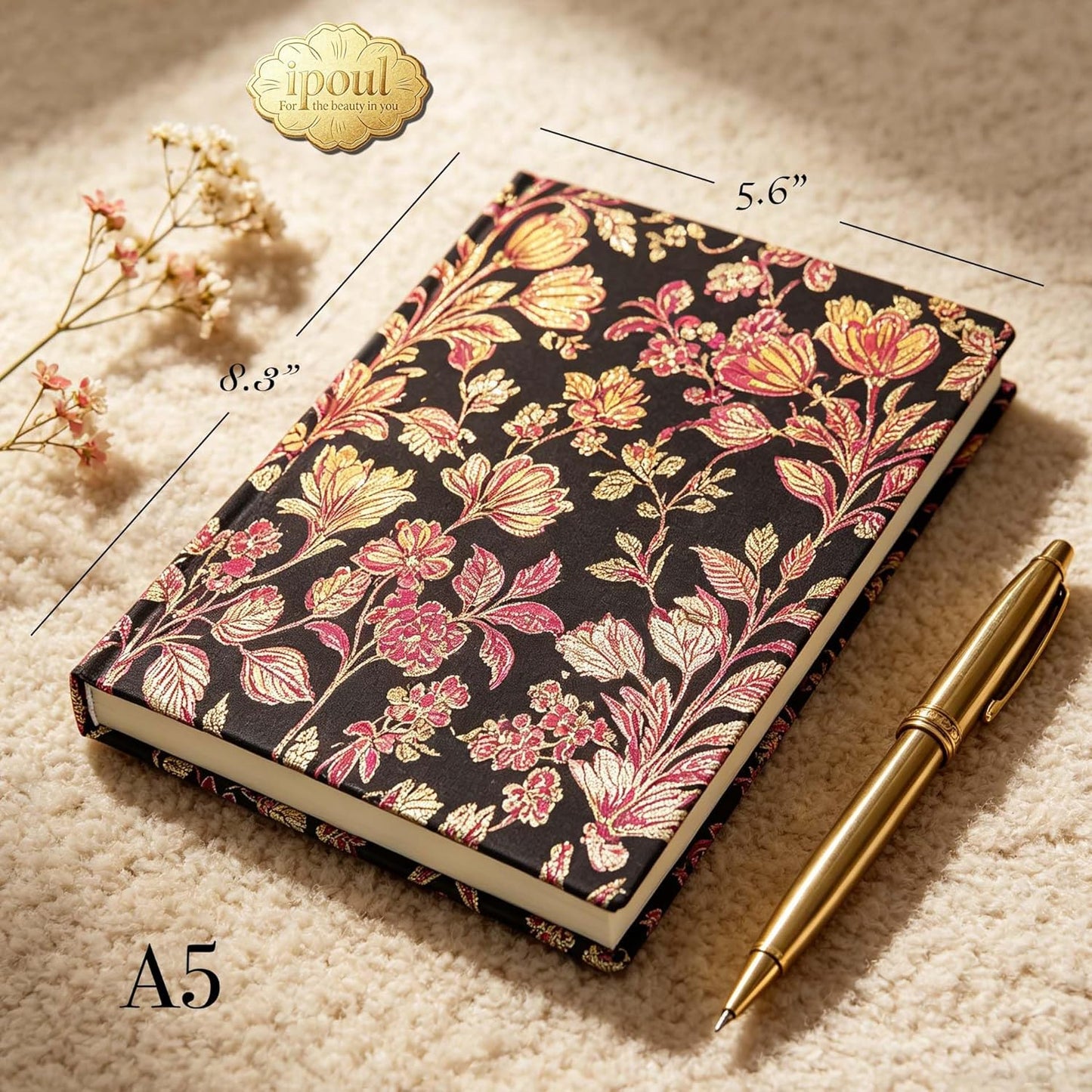 ipoul Flower Notebook, A5, 6x8, Hardcover, Lay Flat, Lined Paper, Journal for Women, Writing Notebook, Pretty, Hibiscus, Pink, Birthday Gifts for Women, Wedding Shower Gifts, Mothers Day Gift