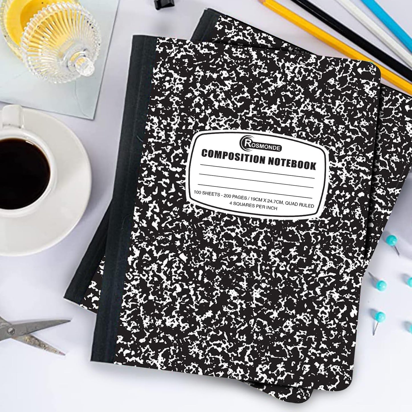 Rosmonde 50 Pack Composition Notebooks Bulk, Wide Ruled Composition Notebook, 200 Pages (100 Sheets), 9-3/4 x 7-1/2, Black Marble, Bulk School Supplies, Office Notebooks, Bulk Notebooks for School