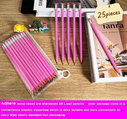 Adhere 25pcs Woodcase Pencils with Eraser Premium Pre-Sharpened Hexagon Graphite 2B pencils ideal for home, office writing including a Free Sharpener(Pink・25pcs)
