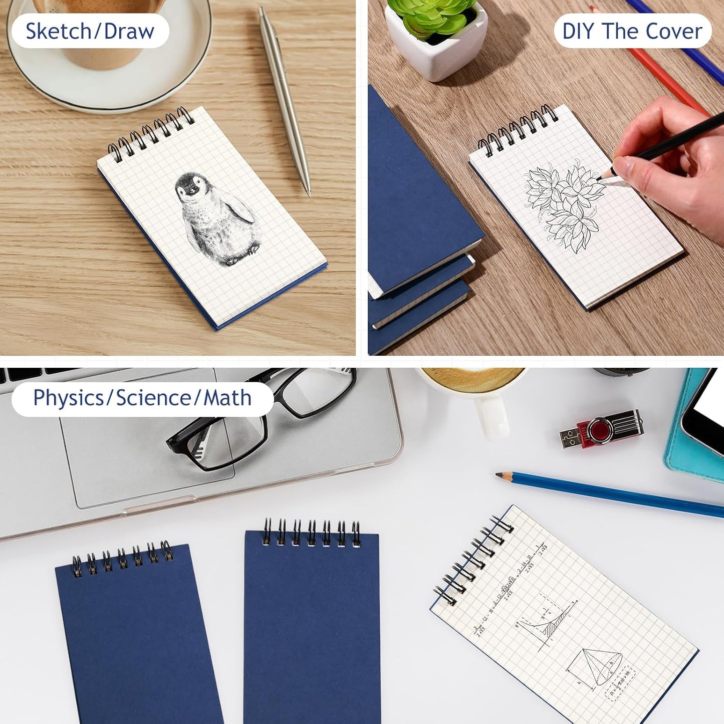 Jutom 2 Pcs Mini Pocket Notebooks Bulk 3x5 Graph Paper Top Spiral Notebook 120 Pages 80 Gsm Mini Grid Notepads Small Memo Pads for Home Classroom Office Business Work Supplies (Kraft)