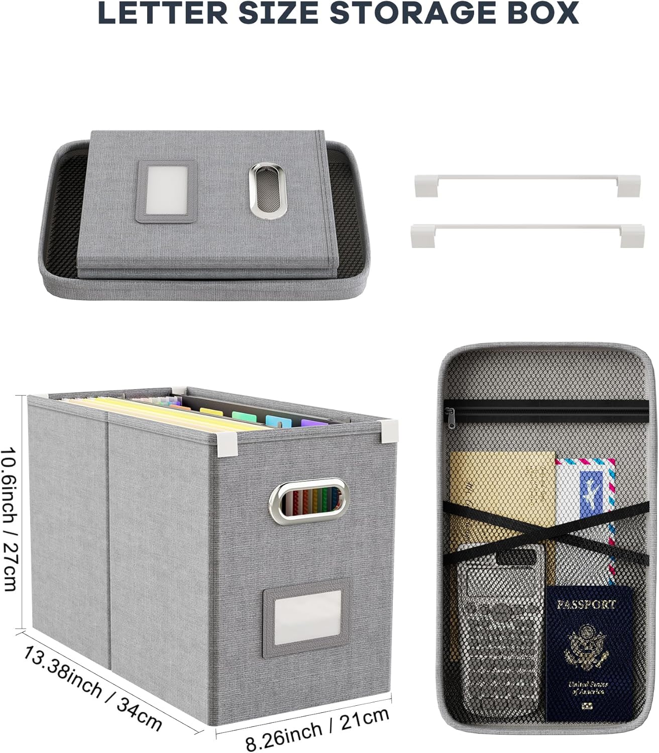 Oterri File Organizer Box with Lid, Hanging Filing File Box with Mesh Pocket, Document Organizer Box for Letter Files, Portable Storage Box with Smooth Sliding Rail for Office&Home (1 PCS, Beige)