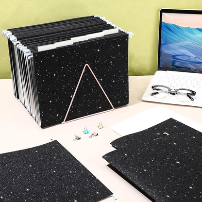 25 Pcs Black Hanging File Folders 12 x 9.25'' Glitter Hanging Folders with 25 Paper 1/5 Cut Adjustable Tab and 25 Plastic Tab for Medical Charts Office Desktop