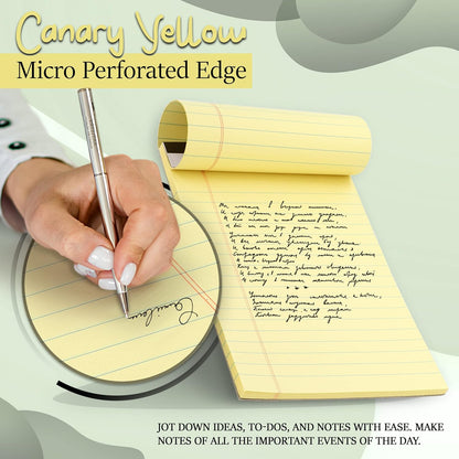 Yellow Legal Notepads 5x8, Pack of 6 - legal Ruled Writing Pad. Perforated Edge. Canary Yellow, Universal, Junior Size, 50 sheets per Pad. By Enday
