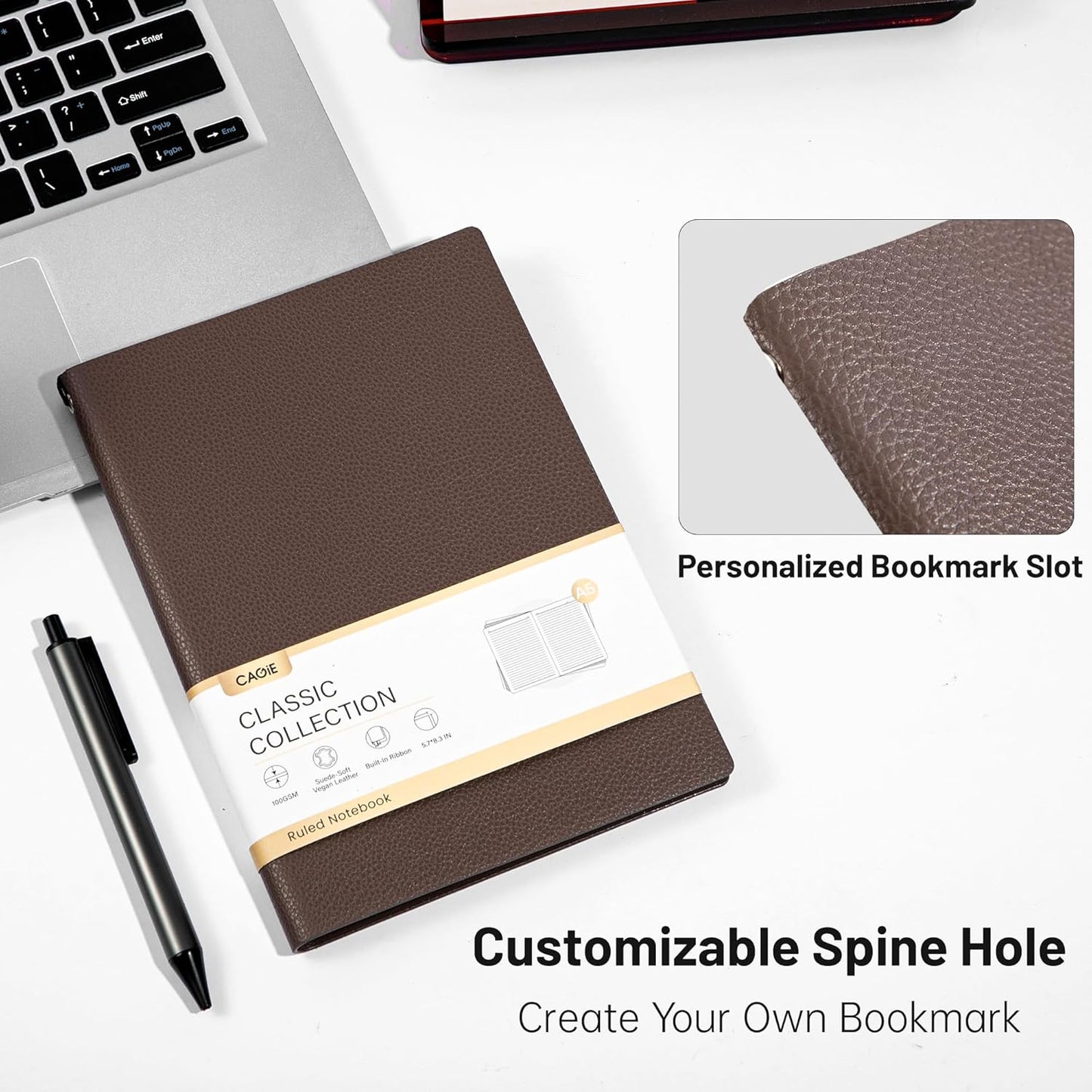 CAGIE Lined Journal Notebook for Men & Women,176 Pages A5 Medium Size, Softcover Leather Journals for Writing, College Ruled Notebook for Work & School, 100 GSM Thick Paper (5.7'' x 8.3'') (Burgundy)
