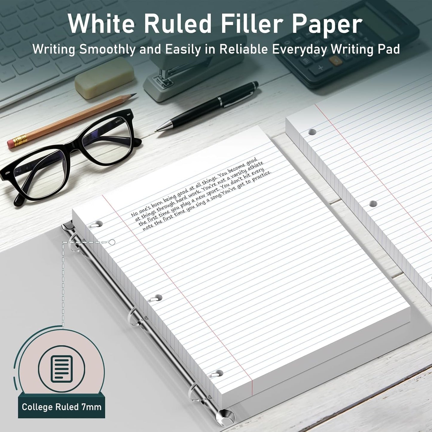 6 Pack Loose Leaf Paper, 120 Sheets Notebook Lined Pads, 8 x 10.5 College Ruled Filler Paper, 3-Hole Punched, White Loose Leaf Notebook Paper for 3 Ring Binders, for Home & Office, School Supplies