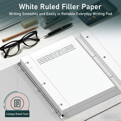 6 Pack Loose Leaf Paper, 120 Sheets Notebook Lined Pads, 8 x 10.5 College Ruled Filler Paper, 3-Hole Punched, White Loose Leaf Notebook Paper for 3 Ring Binders, for Home & Office, School Supplies