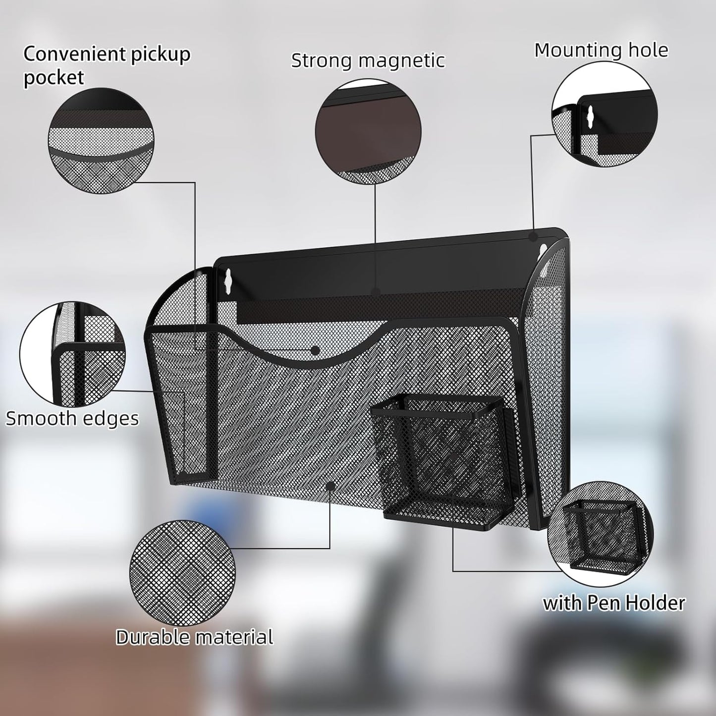 Magnetic File Holder 1 Pockets File Folder Organizer with Pen Holder, Office Hanging Magazine Rack for File Cabinets, Magnetic Paper Holder, No Drilling Mail Organizer for Refrigerator, Office (Black)