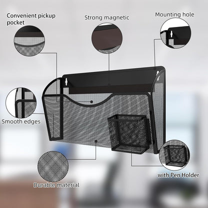 Magnetic File Holder 1 Pockets File Folder Organizer with Pen Holder, Office Hanging Magazine Rack for File Cabinets, Magnetic Paper Holder, No Drilling Mail Organizer for Refrigerator, Office (Black)
