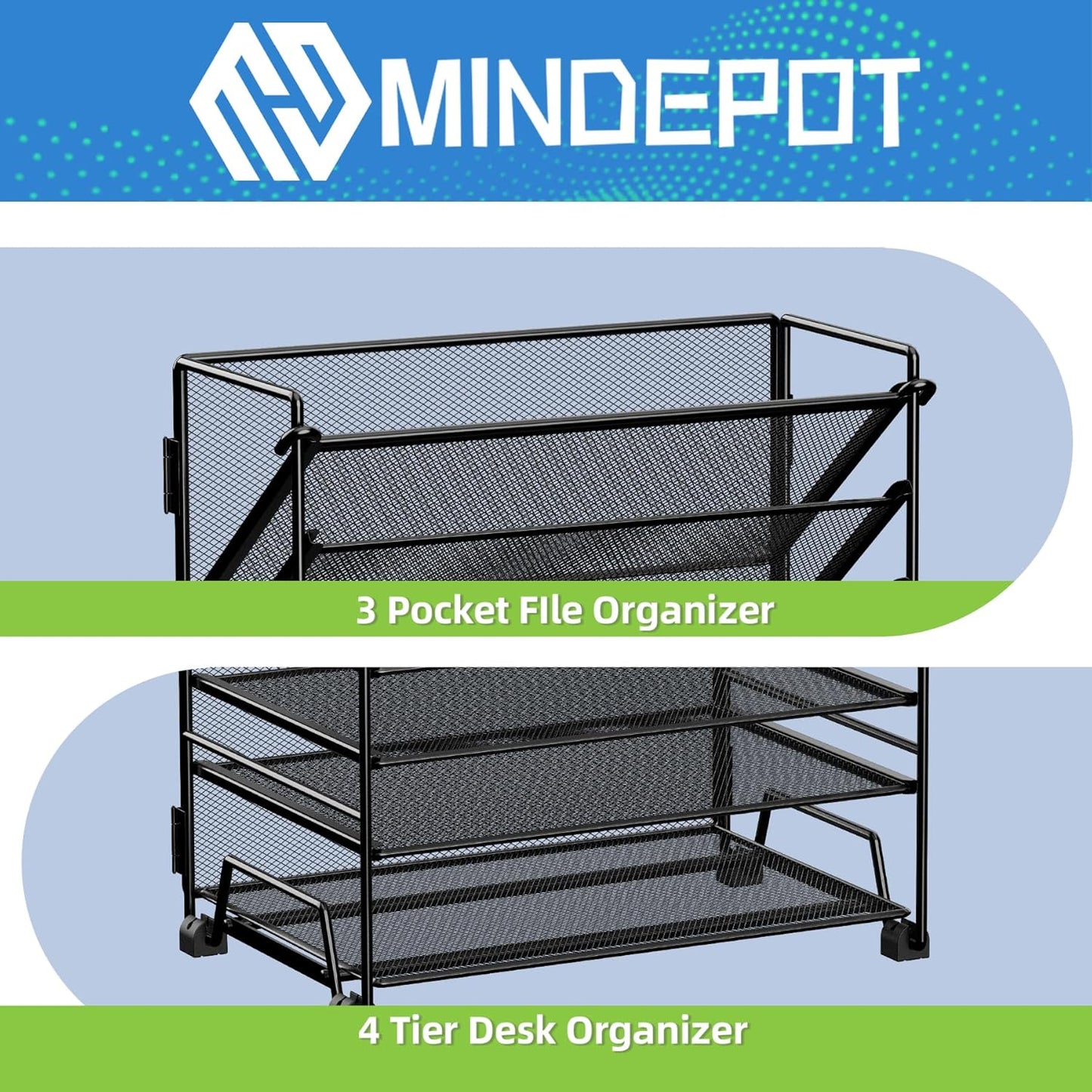 MINDEPOT 4-Tier Paper Organizer + 3-Pocket File Holder + Drawer + Pen Holders, Desktop File Organizers Paper Tray for Office Supplies School Classroom Organization (Black, No Drawer & Pen Holder)