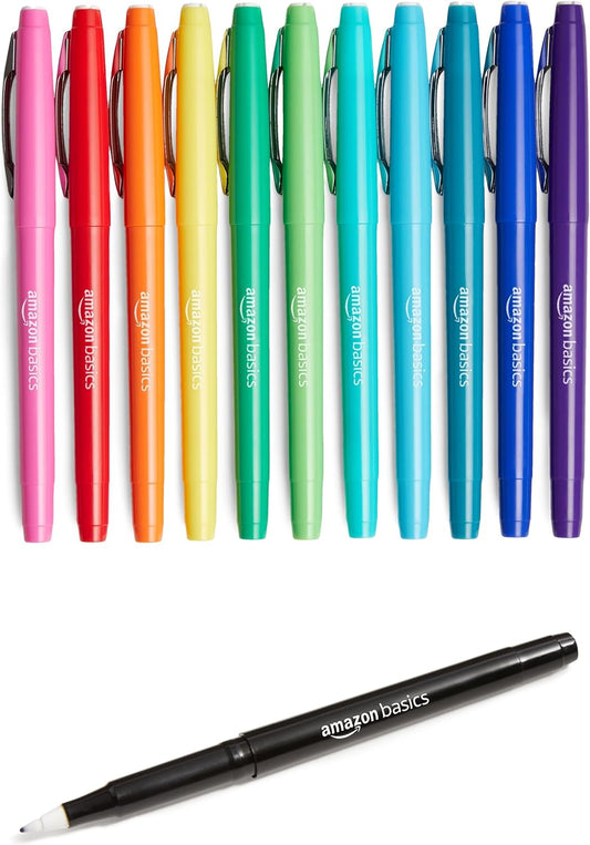 Amazon Basics Felt Tip Marker Pens, Assorted Colors, No-Fray Felt Tip, Smear-Proof, for Writing, Drawing, Journaling and Note Taking, 24-Pack