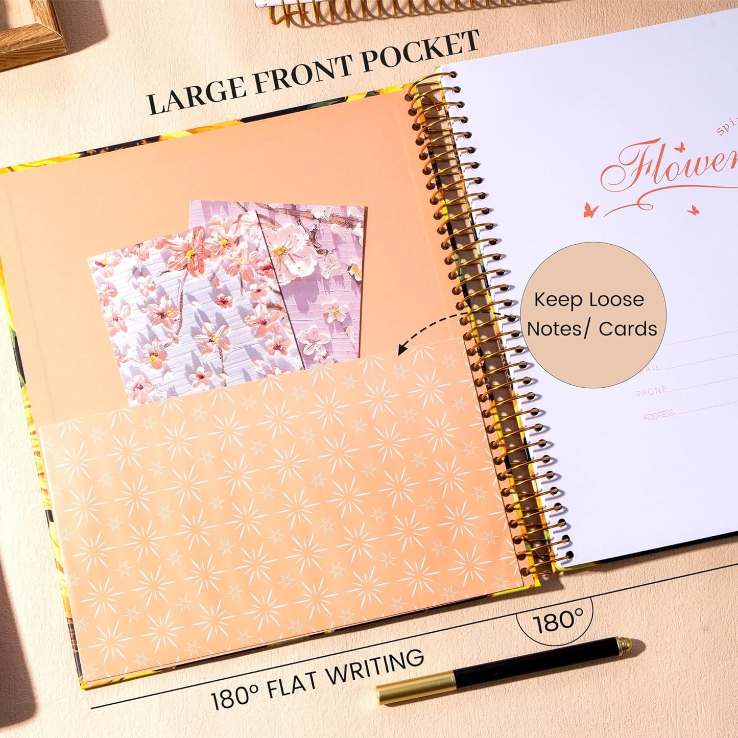 CAGIE Spiral Notebook Journal 8.5 x 11 Hardcover Notebooks College Ruled with Large Pockets Aesthetic Floral Note Book Spiral Bound Notebooks for Work Note Taking Women Writing School, 200 Pages