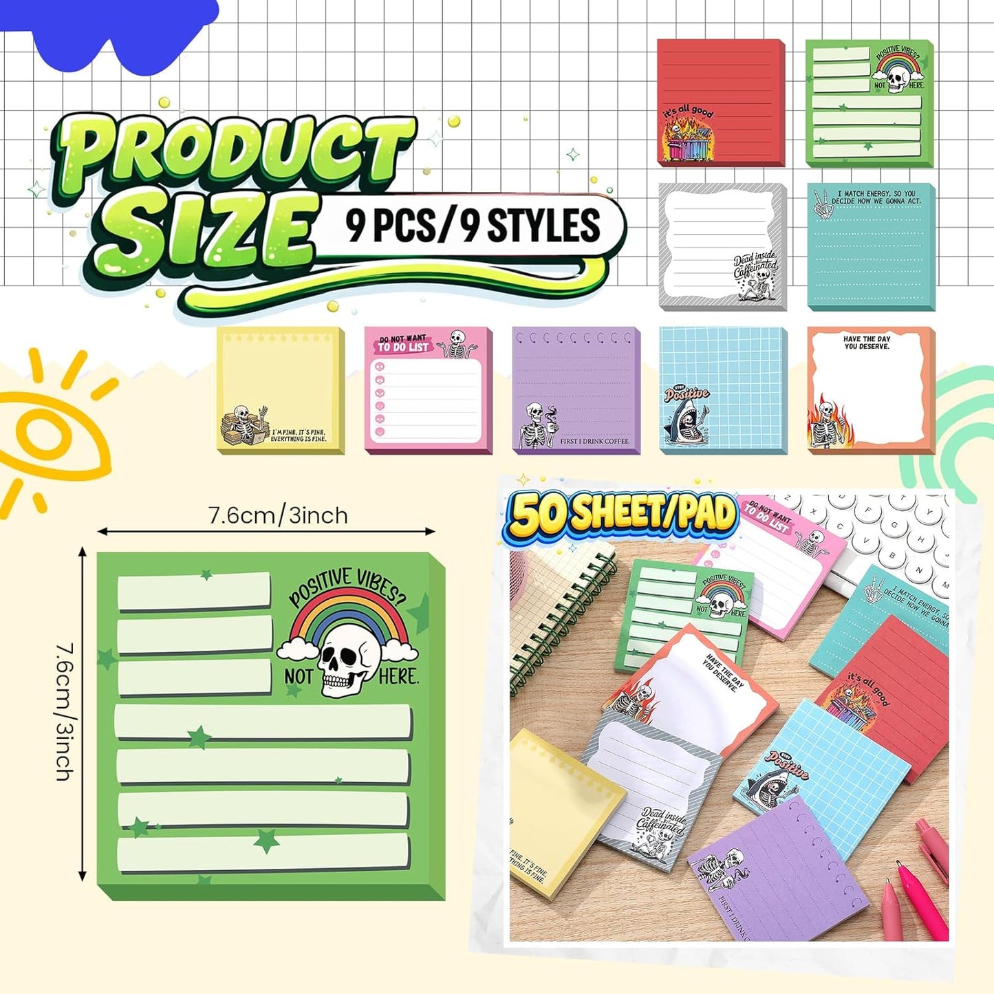 9 Pads Wildflower Sticky Notes 3x3 Inch Cute Self Stick Notepads Notes Adhesive Memo Pad Office Decor Gifts for Students School Teacher Meeting Office Supplies