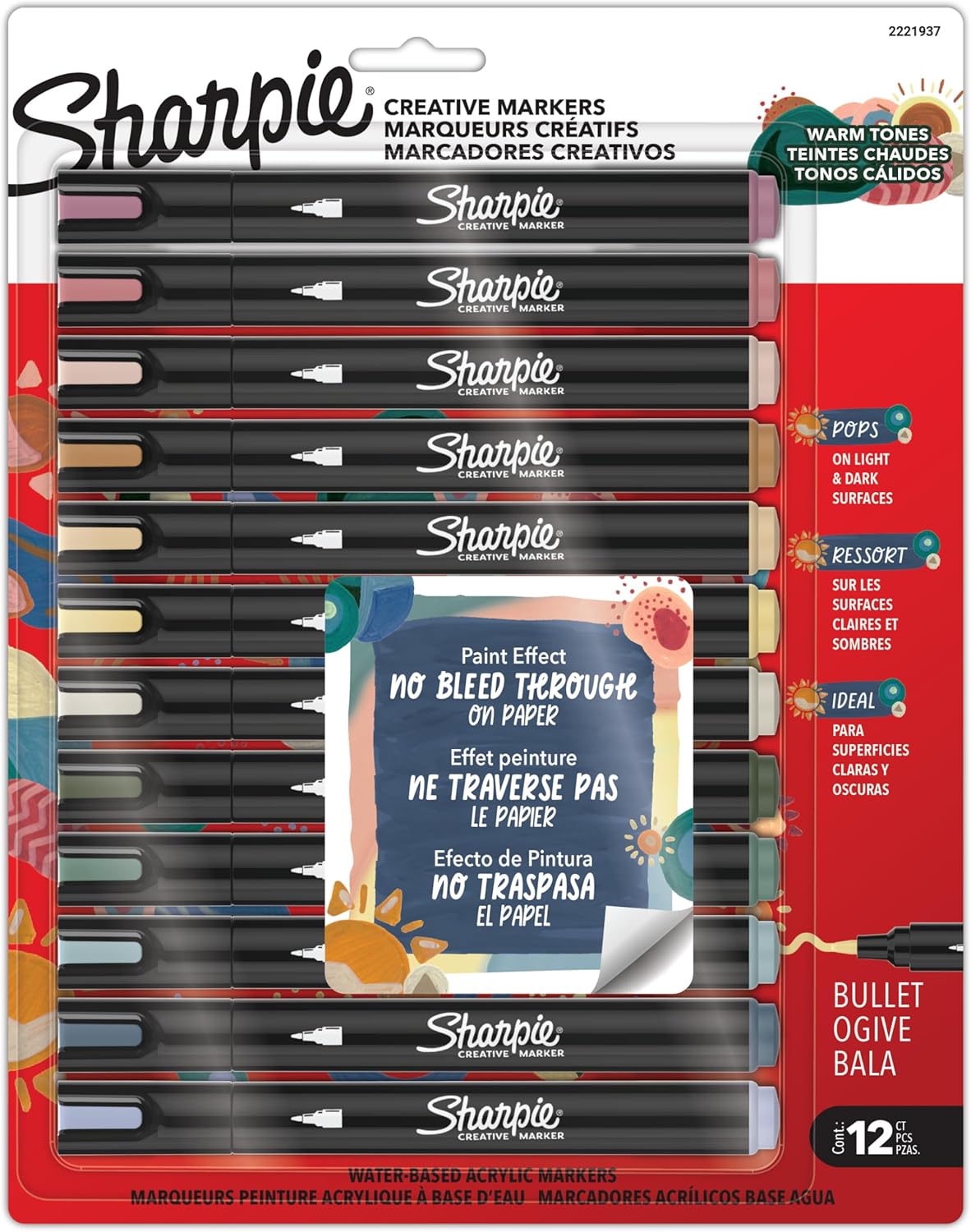 Sharpie Creative Markers, Warm Tones, Water-Based Acrylic Markers, Fine Tip, 12 Count