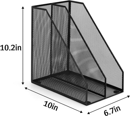 Carperipher Metal Mesh Magazine File Holder, 2 Pcs Desk Document Organizer, 2 Compartments Desk Organizers, Mesh Desktop Organizer and Storage, Black