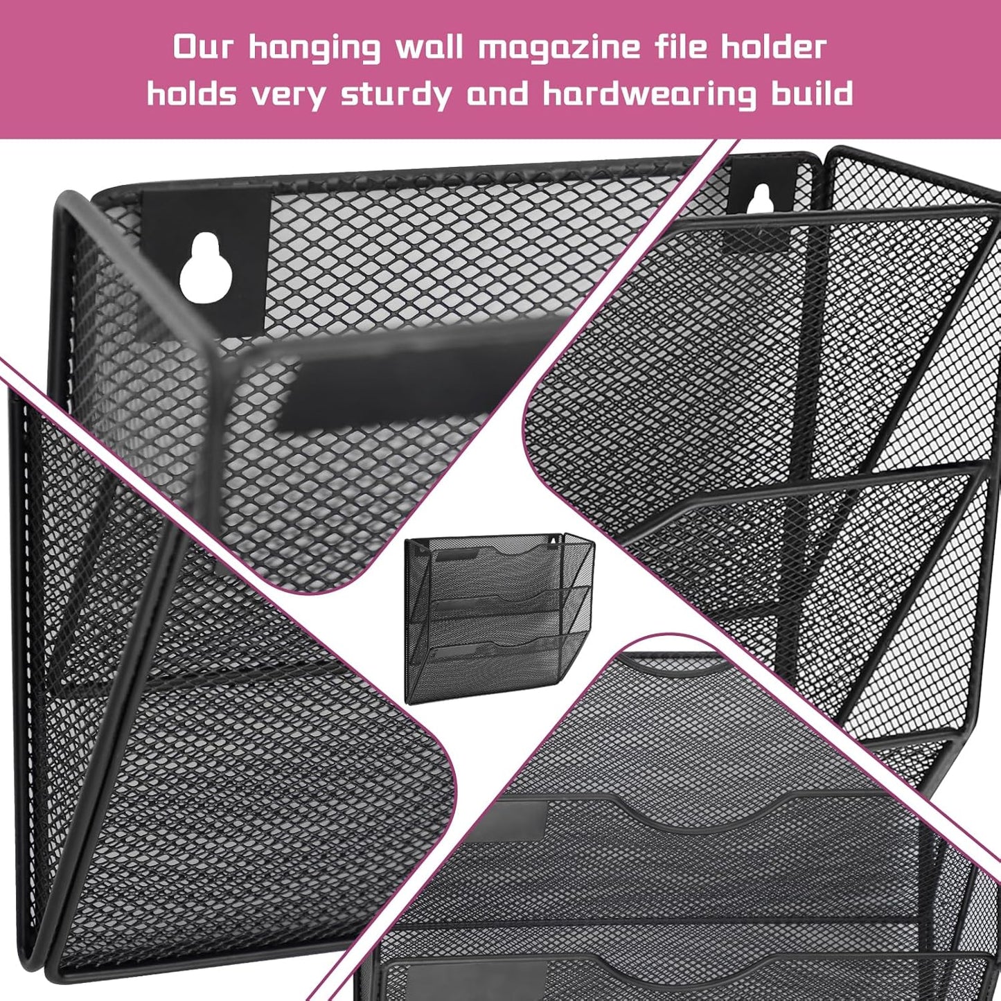 1 Pocket Mesh Wall File Holder Organizer Office Hanging File Folder Magazine Rack, Nametag Label Hooks Set Included (Black)
