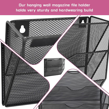 1 Pocket Mesh Wall File Holder Organizer Office Hanging File Folder Magazine Rack, Nametag Label Hooks Set Included (Black)