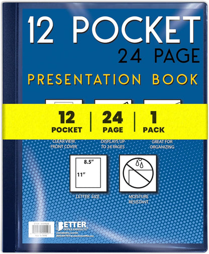 Better Office Products 12 Pocket Bound Presentation Book, Blue with Clear View Front Cover, 24 Sheet Protector Pages, 8.5" x 11" Sheets, Art Portfolio, Durable Poly Covers, Letter Size, Blue