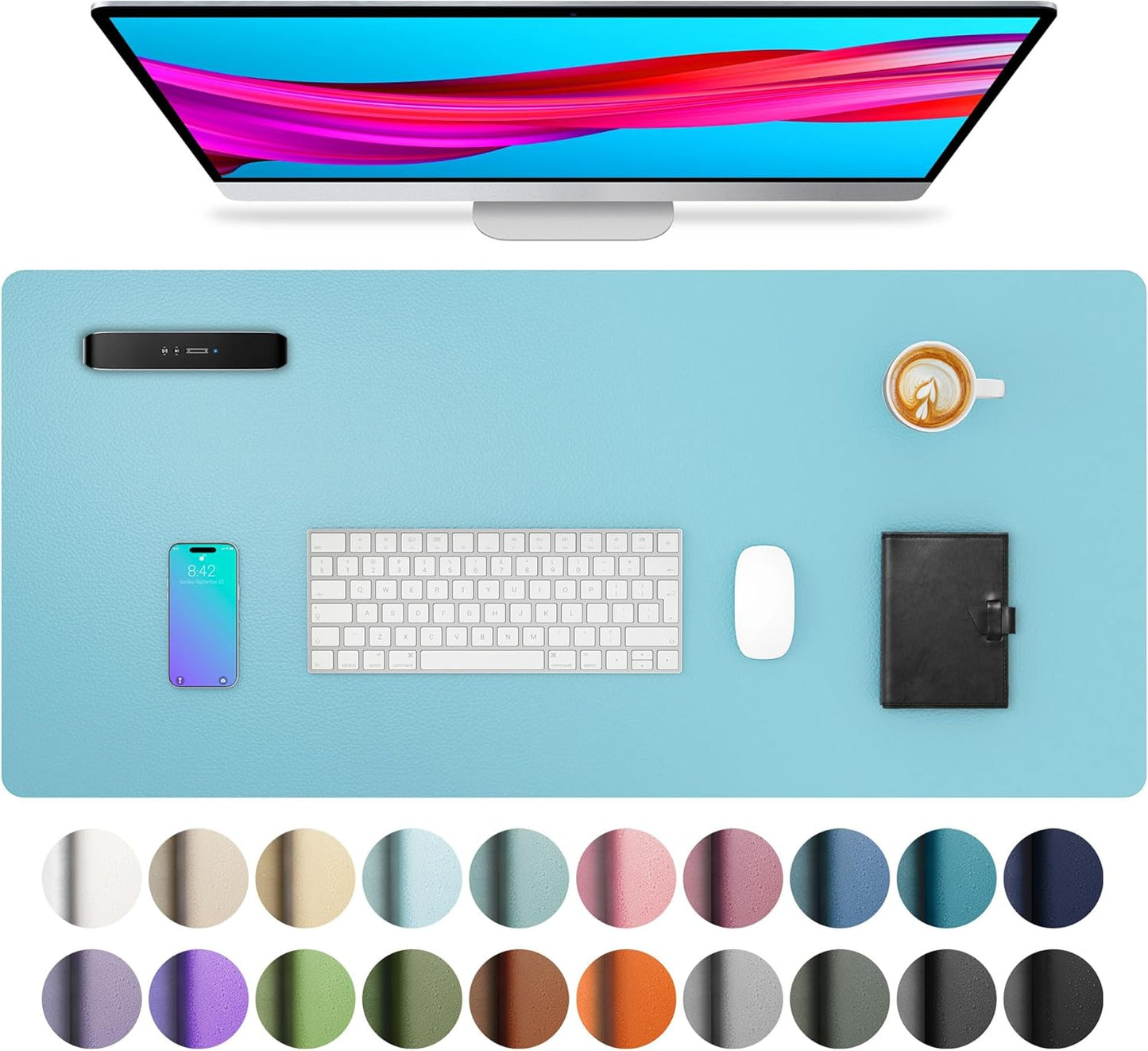 Aothia Non-Slip Waterproof PU Leather Desk Pad Protector for Mouse, Writing Desk, Office, Home, Laptop Blotter, 23.6" x 13.7", Black - Colors B