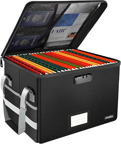 File Box with Lock, Fireproof Document File Organizer Box with Zipper & Adjustable Handle, Collapsible File Storage Box Home Office Safe Filing Cabinet for Hanging Letter/Legal Folder