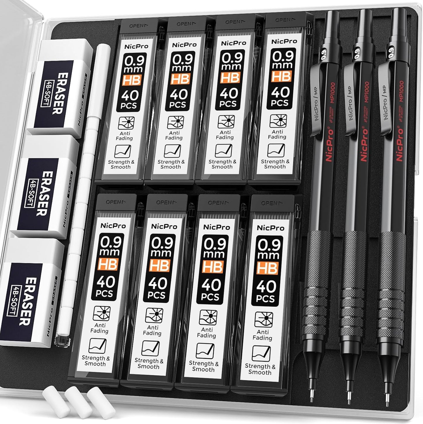 Nicpro 0.5 mm Mechanical Pencils Set with Case, 3 Metal Artist Pencil With 480PCS HB Lead Refills, 3 Erasers,9 Eraser Refills For Architect Art Writing Drafting, Drawing, Engineering, Sketching, Black