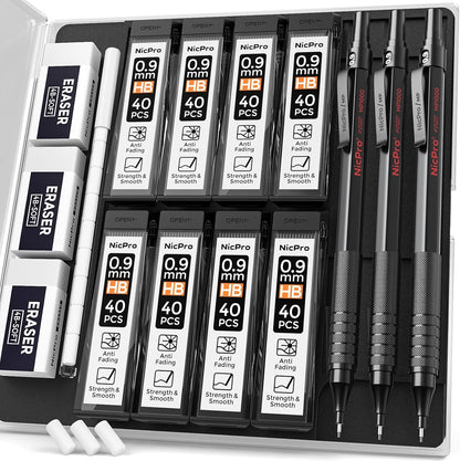 Nicpro 0.5 mm Mechanical Pencils Set with Case, 3 Metal Artist Pencil With 480PCS HB Lead Refills, 3 Erasers,9 Eraser Refills For Architect Art Writing Drafting, Drawing, Engineering, Sketching, Black