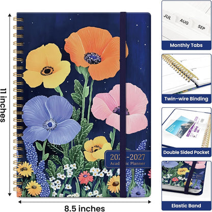 Planner 2026-2027, Academic Year Monthly and Weekly Calendar Planner, Jul 2026 - Jun 2027, Hardcover Teacher Student Planning Agenda book with Tabs, Perfect for School Office Supplies, 6.3" x 8.5" - Wildflowers