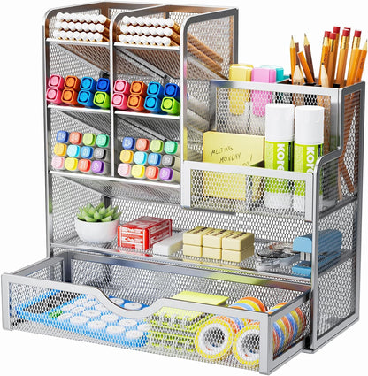 Marbrasse Mesh Pen Holder for Desk, Multi-Functional Pencil Organizer with Drawer, Desk Organizers and Accessories for Office Art Supplies (Black)