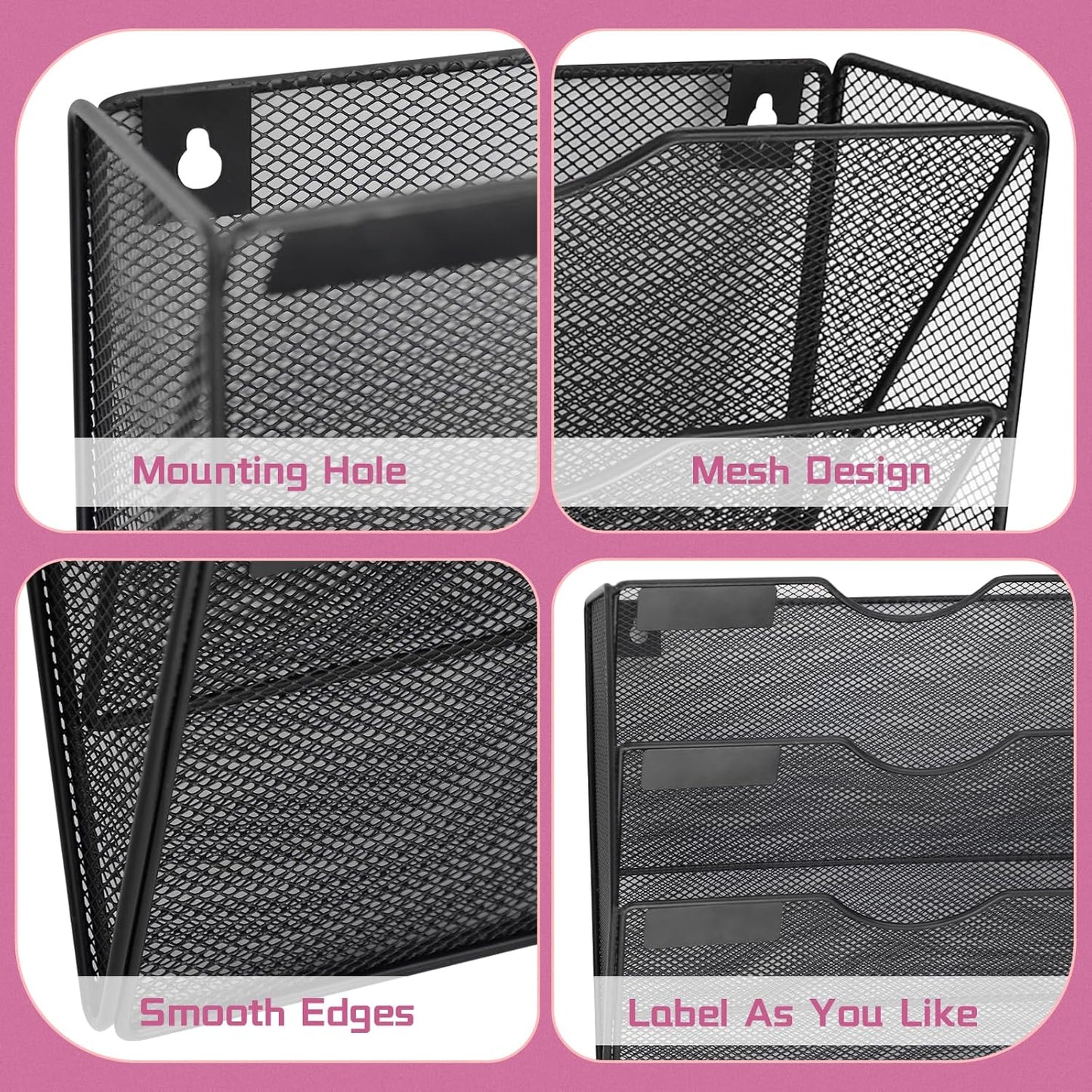1 Pocket Mesh Wall File Holder Organizer Office Hanging File Folder Magazine Rack, Nametag Label Hooks Set Included (Black)