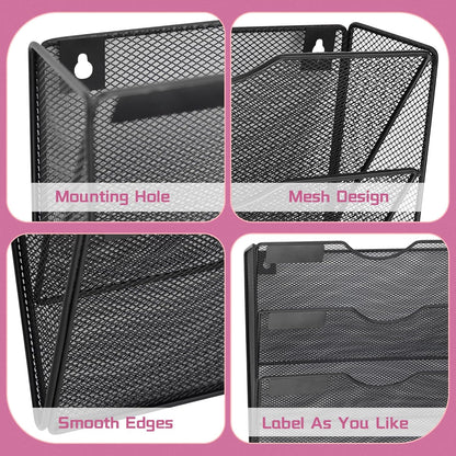 1 Pocket Mesh Wall File Holder Organizer Office Hanging File Folder Magazine Rack, Nametag Label Hooks Set Included (Black)