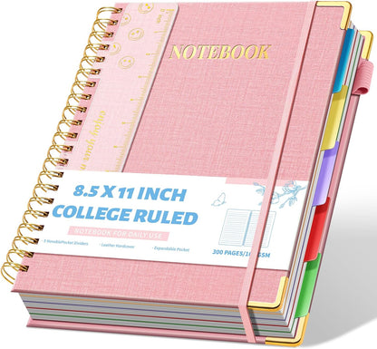 Ovesmusl Hardcover Spiral Notebook 8.5" x 11" with 5 Removable Dividers 300 Pages Leather 5 Subject Notebook College Ruled 100GSM Large Spiral Notebooks for Work Thick Lined Journal for Women, Green