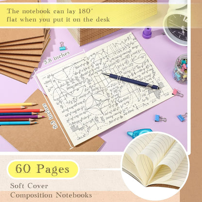 Handepo 100 Pack A5 Composition Notebooks 72 Pages/36 Sheets Ruled Lined Composition Kraft Notebooks Bulk Soft Cover Journals Travel Memo for Students Classroom Office Supplies(a5, Colourful)