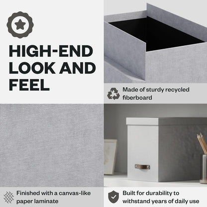 Bigso John Desktop File Box - Storage Solution and Document Organizer for Important Paperwork - Durable Hanging File Box with a Lid and Leather Handle - 7.36 in x 13.26 in x 10.51 in - Grey