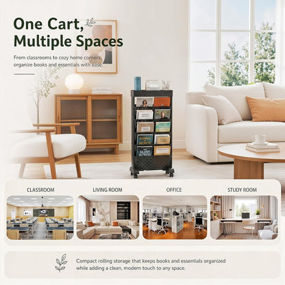BYFU 6-Tier Movable Bookshelf Cart, Rolling File Storage Paper Organizer Mobile Bookcase with Wheels for Home Office Study Classroom, Black