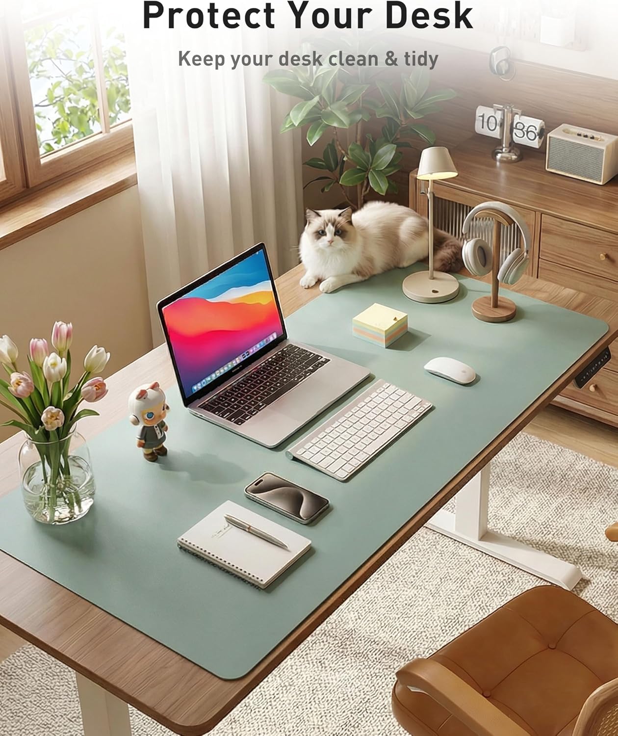 Aothia Leather Office Desk Pad Protector, Non-Slip PU Leather Desk Blotter, Waterproof Laptop Writing Mouse Pad for Office and Home, Black, 31.5" x 15.7" - Colors B