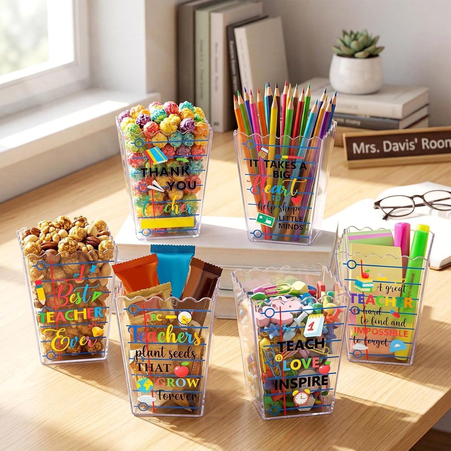 Mimorou 6 Pcs Teacher Gift Box Teacher Appreciation Gift Container Thank You Pencil Notebook Composition Book Crayon Candy Popcorn Holders for End of Year Graduation Party (Notebook)