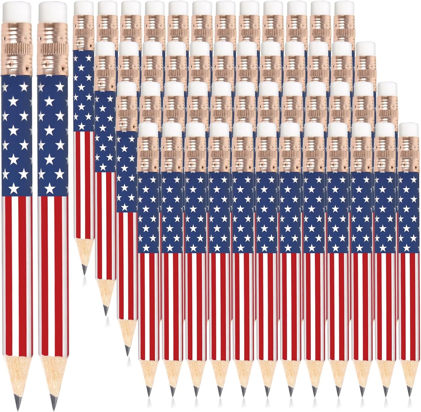 JarThenaAMCS 50Pcs Independence Day Pencil with Erasers American Flag Short Writing Wooden Pencils Red White Blue Patriotic Half Pencil for 250th Anniversary 4th of July School Office Supplies, 4 in
