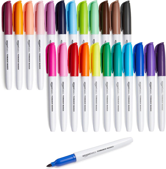 Amazon Basics Fine Tip Permanent Markers for Writing, Drawing, Quick Drying, Office, School, and Home Use, Black, 24 Pack