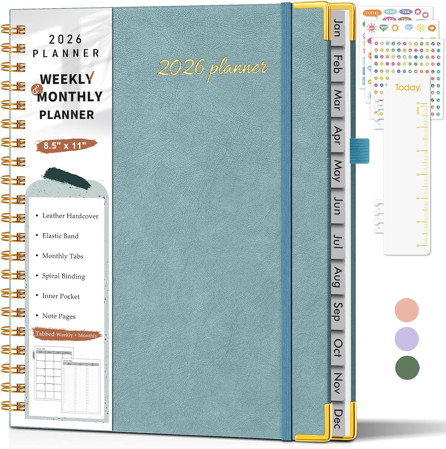 2026 Planner, Weekly and Monthly Calendar Planner from January 2026 - December 2026, 8.5" x 11" Hardcover Leather Hourly Appointment Book with Tabs, Spiral Daily Planners for School Work Home, Green