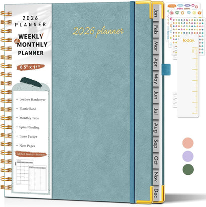 2026 Planner, Weekly and Monthly Calendar Planner from January 2026 - December 2026, 8.5" x 11" Hardcover Leather Hourly Appointment Book with Tabs, Spiral Daily Planners for School Work Home, Green