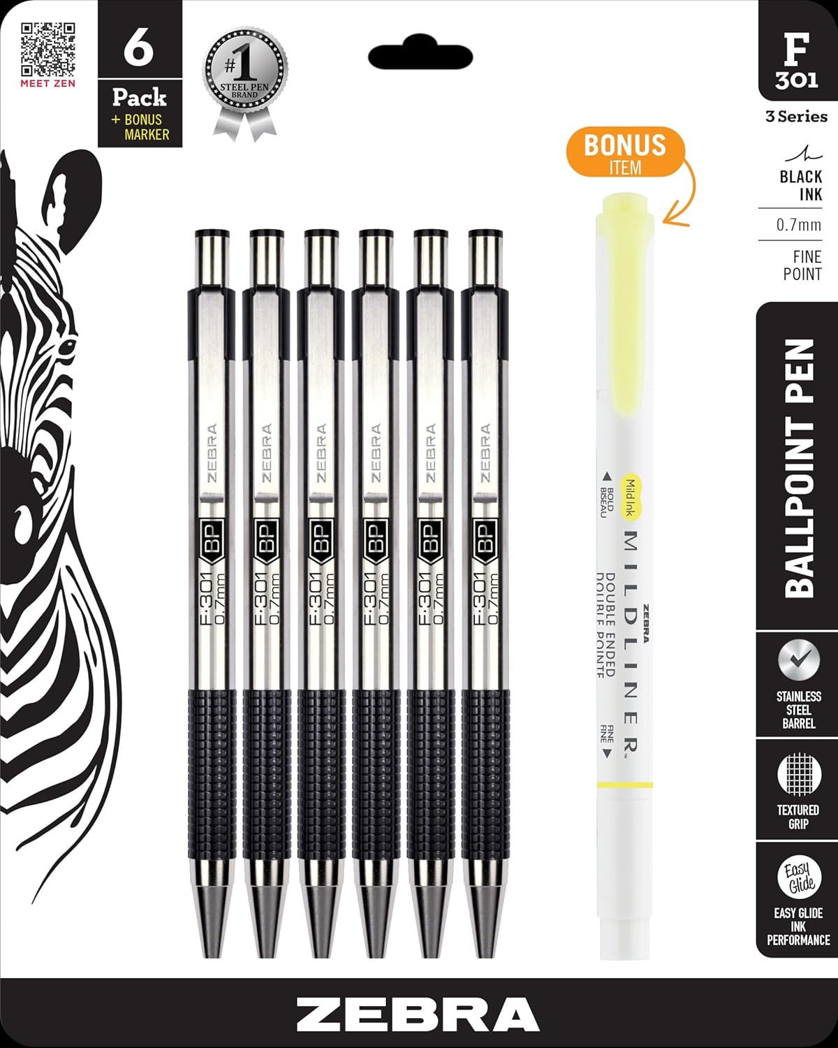 Zebra Pen F-301 Ballpoint Black, Blue, Red and Green Ink, Fine Point 0.7mm Pen, Easy-Glide Ink, Stainless Steel Retractable, Non-Slip Grip, Professional Design, Ideal for Office, 4-Pack (27174)