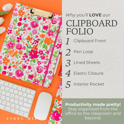 Steel Mill & Co Cute Clipboard Folio With Refillable Lined Notepad and Daily Planner, Double Clipboard Folder, 9.25" x 12.25" Padfolio for Work (Watercolor Flowers)