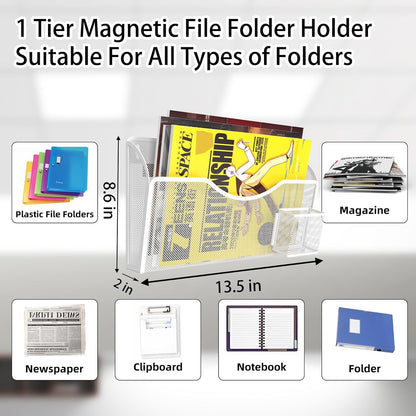 Magnetic File Holder 1 Pockets File Folder Organizer with Pen Holder, Office Hanging Magazine Rack for File Cabinets, Magnetic Paper Holder, No Drilling Mail Organizer for Refrigerator, Office (Black)