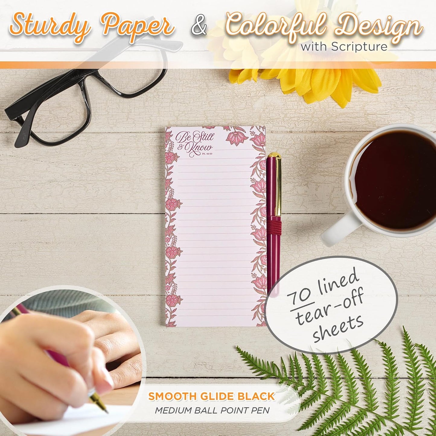 Christian Art Gifts Compact Magnetic Notepad & Medium Ballpoint Pen Set: Trust in the Lord Inspirational Scripture, Shopping Lists, Memos, Reminders, 70 Lined Easy Tear-off Sheets, Purple/Teal Floral